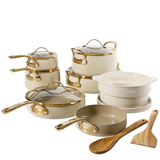 bloomhouse 15 Piece Pots and Pans Heavy Duty Aluminum Premium PFA Free Ceramic Nonstick Cookware Set - Almond Cream w/Gold Handle