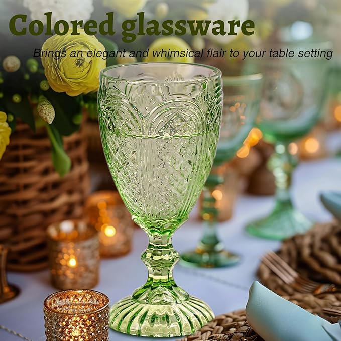 Chaos Coordinator Green Wine Glasses set of 6, vintage Green glassware, colored drinking glasses for a baby shower, wedding, birthday,or fancy glassware for everyday,10.5 OZ.