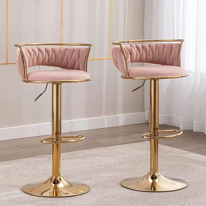 LukeAlon Velvet Adjustable Barstools Set of 4, Modern 360° Swivel Counter Stools with Golden Base Upholstered Open Back Tall Bar Chairs with Footrest for Home Kitchen, Pink
