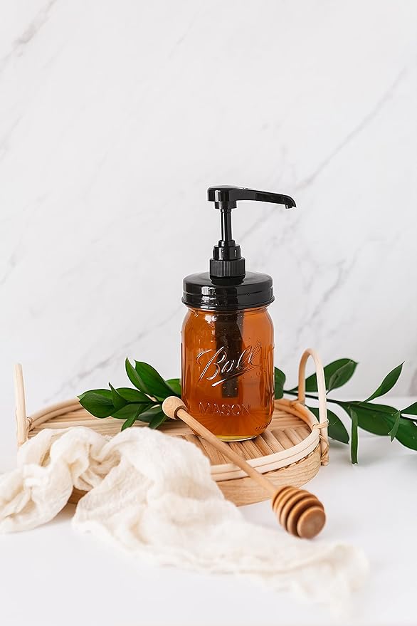 Jarmazing Products Mason Jar Syrup Dispenser - Set of 2 – 16 oz Ball Jars with Rust-Proof, Leak-Proof, Food Grade Pumps for Honey, Syrups, Condiments, Salad Dressings and More