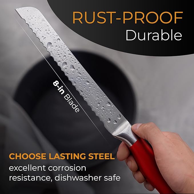 Orblue Serrated Bread Knife Ultra-Sharp Stainless Steel Professional Grade Bread Cutter - Cuts Thick Loaves Effortlessly - (8-Inch Blade with 4.9-Inch Handle), Red