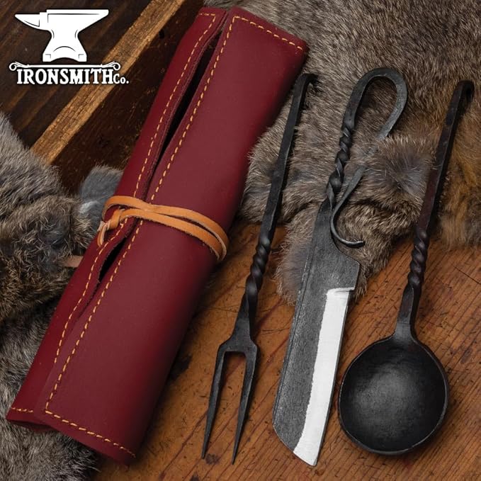 The Ironsmith Co. Pioneer Dining Set | Hand-Forged High-Carbon Steel | Blackened Antique Finish | Twisted Handle Design | Includes Knife, Spoon, Fork | Folding Leather Storage Pouch | 8" Overall