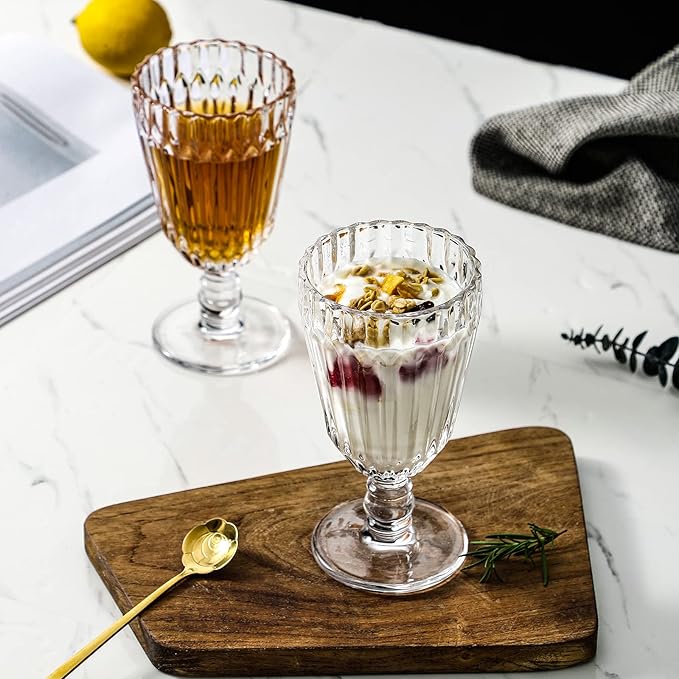 Vintage Embossed Glass Chalice Goblets ๐ด.๐ด ๐ค๐ฏ. Set of 6 Clear Stemmed Drinking Glassware for Iced-tea, Juice, Cocktail, Beverage for Wedding and Party.