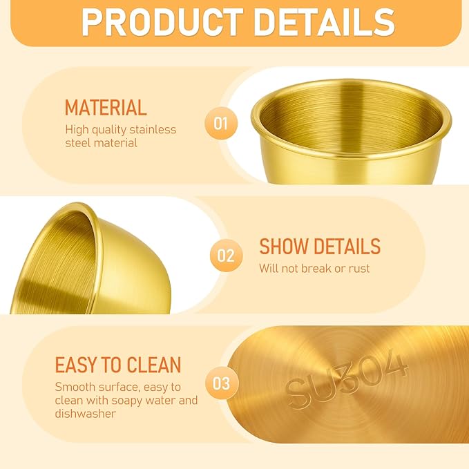 12 Pcs Gold Stainless Steel Dipping Sauce Cup 2.5 oz Ramekin Sauce Dipping Bowl Mini Saucers Dishes Plates Round Dippin g Bowls for Ketchup Dressing Home Party Restaurant Kitchen, Gold
