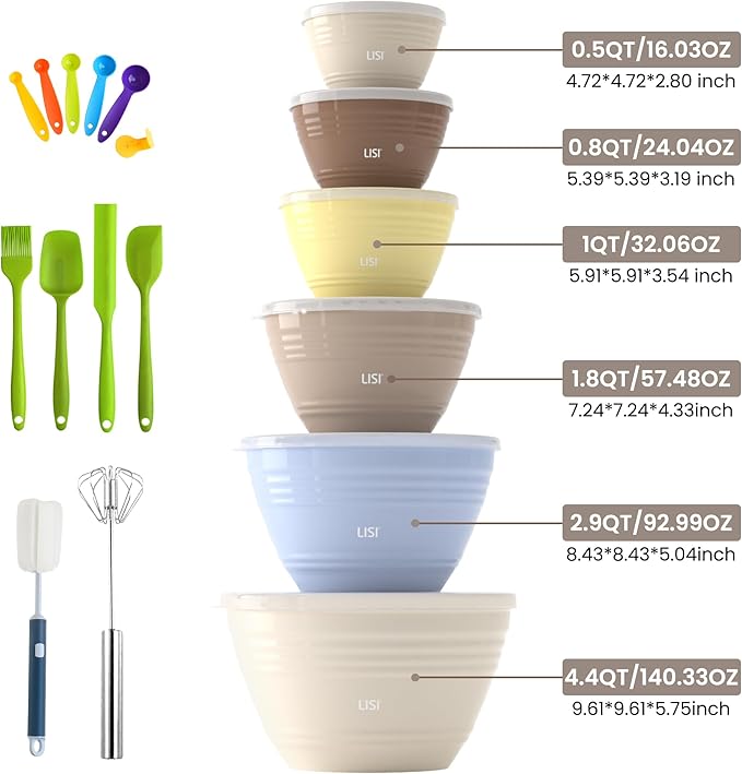 LISI 6 Pack Mixing Bowl Set with Lids, Plastic Bowls for Kitchen, Nesting Salad & Meal Prep Bowls, BPA-Free, Large Storage Bowl with Airtight Lids