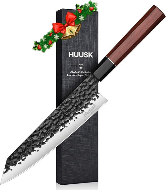 Huusk Japanese Kiritsuke Chef Knife - 8" Hand Forged Knives, 3 Layers 9CR18MOV High Carbon Kitchen Knife, Professional Sharp Cooking Knives with Ergonomic Handle for Meat, Vegetables, Fish