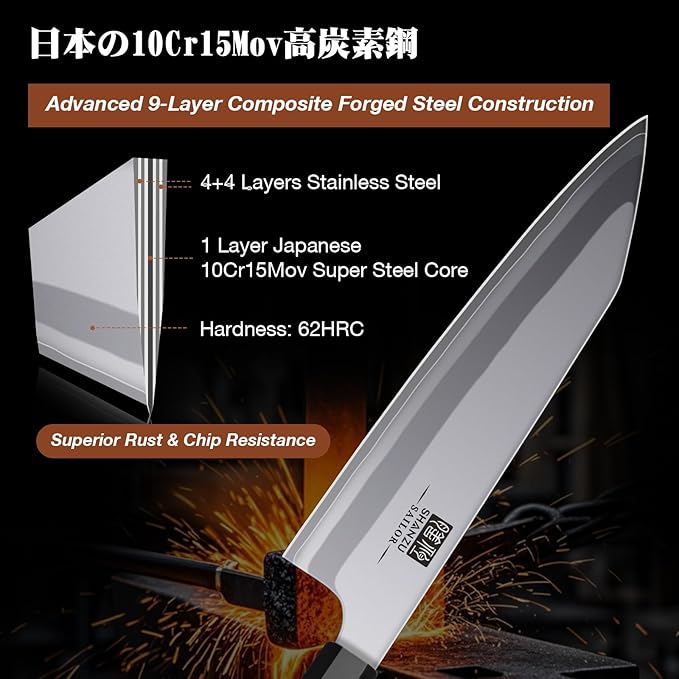 SHAN ZU 3PCS Japanese Knife Set, 9 Layers 10Cr15MoV High Carbon Steel Professional Kitchen Knives, Sharp Chef Knife Set with Ergonomic Red Sandalwood Handle, Cooking & Cutting Knives Set and Gift Box