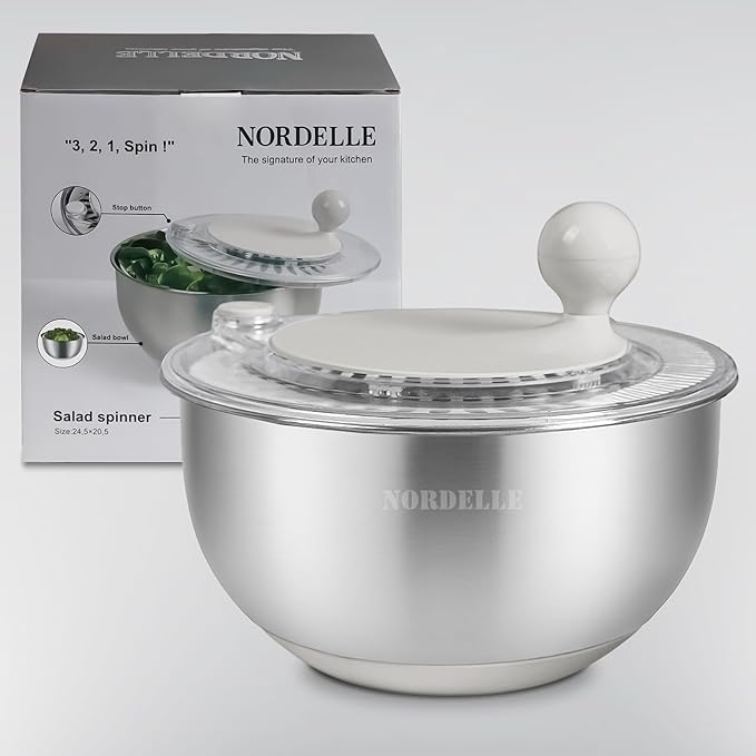 Stainless Steel Salad Spinner – Large Lettuce Dryer with Non-Slip Base & Instant Stop, BPA-Free Vegetable Washer, 5.3 Qt Cream White – Durable, Elegant & Premium