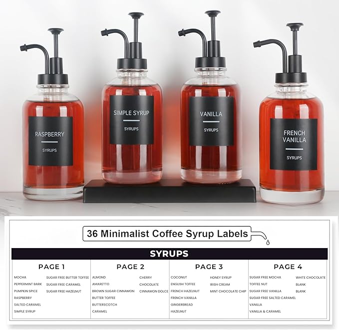 4PCS Coffee Syrup Dispenser, Glass Syrup Dispenser for Coffee Bar w. Labels and Pump, 16.9 oz 500ml Syrup Pump Dispenser, Coffee Bar Accessories Simple Syrup Bottle w. Pump, Ideal Gift