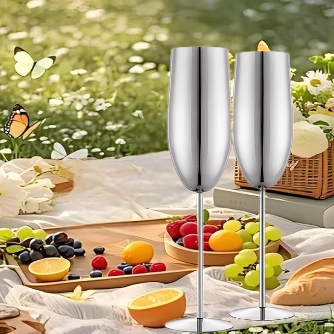 Champagne Glasses Set of 2 Stainless Steel Champagne Flutes Wedding Gifts for Bride 8.5 oz Unbreakable Champagne Glasses for Party Wedding Christmas Anniversary Brithday