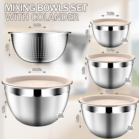 Stainles Steel Mixing Bowls with Lids Set, Stackable Metal Mixing Bowl with Strainer, 5-Piece - Beige