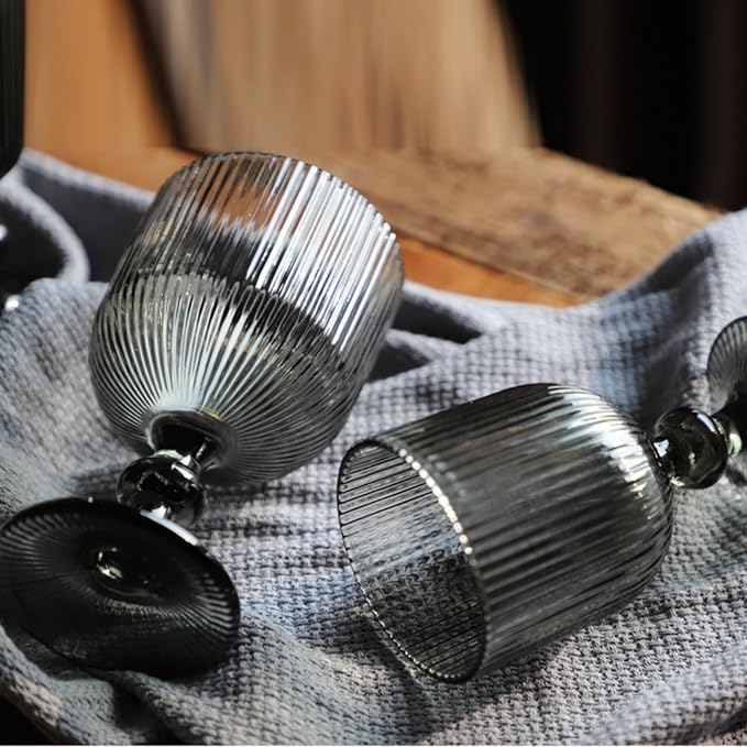 Vintage Wine Glasses Set of 6, 11 Ounces Colored Glass Water Goblets, Unique Embossed Pattern High Clear Stemmed Glassware Wedding Party Bar Glass Drinking Cups Fancy Glasses Vertical Line Grey