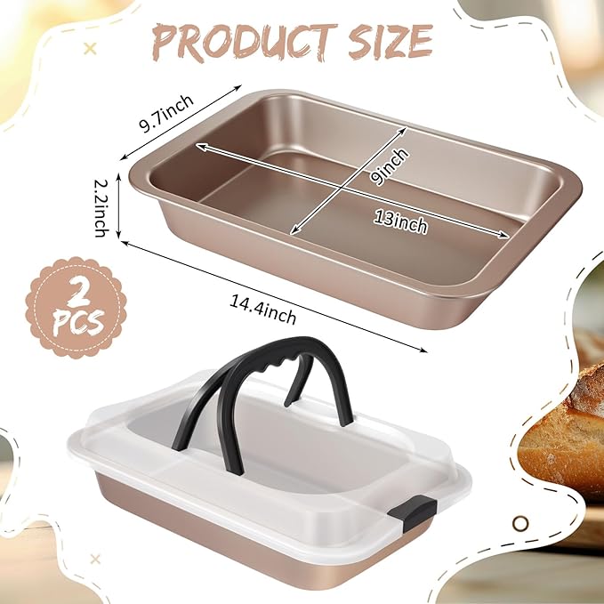 2 Pcs Cake Baking Pan with Lid and Handle, 9 x 13 Inch Non-stick Rectangle Sheet Cake Pan Carrier for Brownie Roasting Cooking Baking (Gold)