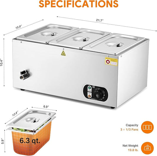 WILPREP Single-Well Commercial Food Warmer with Three 1/3 Pans, Electric Warmer for Food with Adjustable Temp. & Auto Shutoff, Stainless Steel Food Heating Unit for Buffet Food Truck Hotel Catering