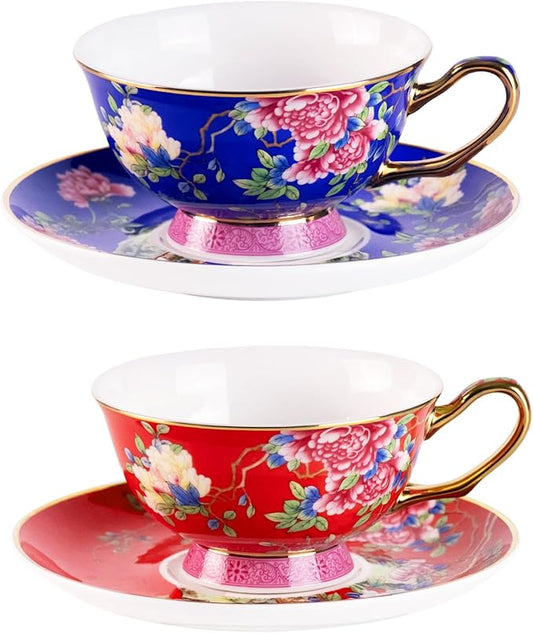 KAMMAK Porcelain Espresso Cups with Saucers, Ceramic Coffee Cups with Saucers Set of 2, 5.64oz Handcrafted Cappuccino Cups, Non-Toxic Durable Vintage Tea Cups Drinkware for Party, Home, Office, Gifts