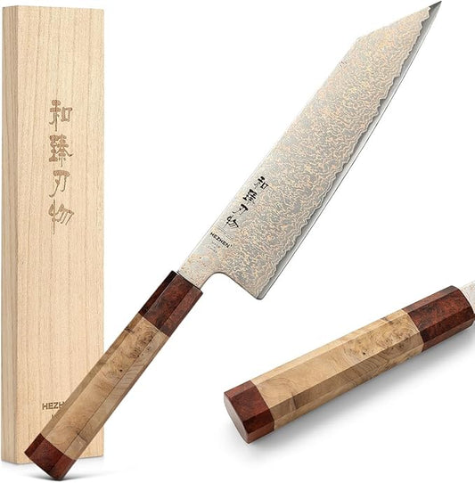HEZHEN Kiritsuke Chef Knife,8.3 Inch, 37 Layers Tricolor Copper Damascus Steel-Japanese Damascus Knif- Professional Knife for Chefs&Home Cooking-Razor Sharp,Sycamore Wood Handle