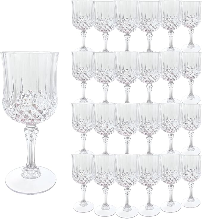 Plastic Wine Glasses,Plastic Goblets Vintage Style Cordial Drinking Glasses for Wedding Reception, Grand Event Party Supplies (24, transparent)