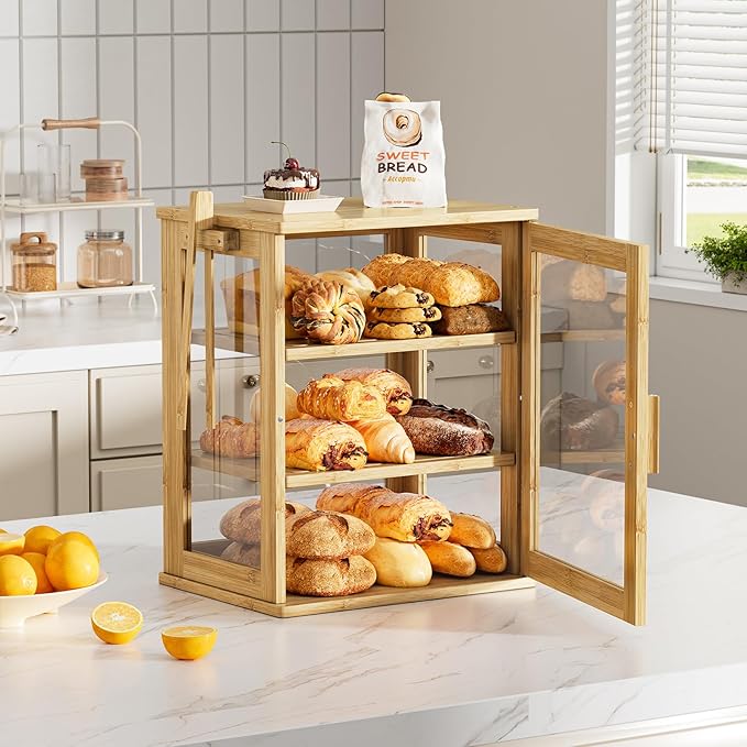 WOWLIVE Bamboo Bread Box for Kitchen Countertop, Large 3 Layers Bread Storage Container for Homemade Bread with Window, Farmhouse Breadbox Organizer for Kitchen, Cabinet, Pantry (Natural, Meduim)