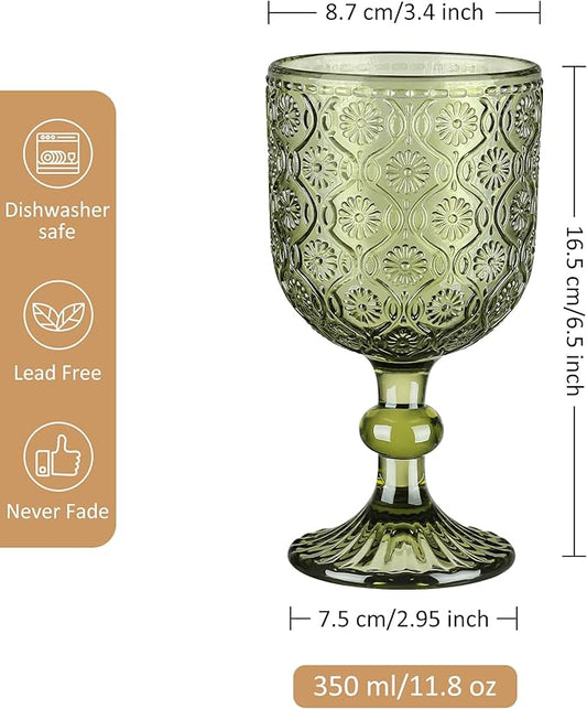 Joeyan Vintage Glass Wine Goblet,Green Embossed Floral Stemmed Wine Glasses,Colored Drinking Cups,Heavy-Duty Glassware for Wedding Party Bar,12 oz,Set of 4,Dishwasher Safe