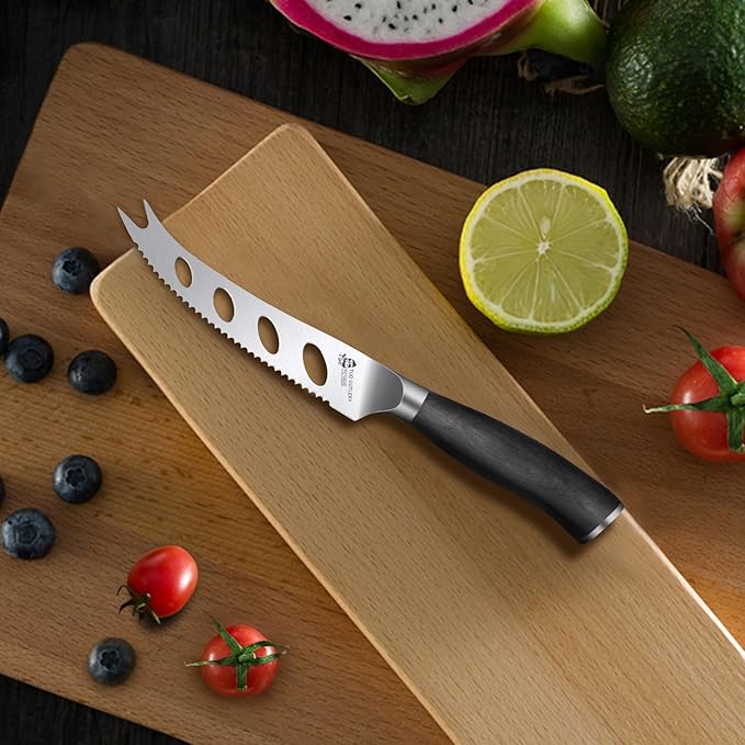 TUO Cheese Knife, 5 inch Tomato Knife Fruit Knife Small Kitchen Knife, German Stainless Steel Hollow Blade, Ergonomic Full Tang Handle with Gift Box, Black Phoenix Series