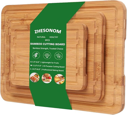 Bamboo Cutting Boards for Kitchen Meal Prep & Serving Set of 3, Wooden Chopping Boards with Juice Grooves & Handles for Meat, Vegetables Easy Clean Ideal Kitchen Gift for Home Cooks & Wedding
