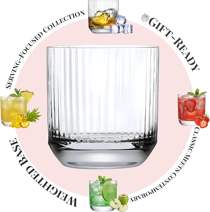 NUDE Whiskey Glasses Set of 4 SOF – 9.25 oz Lead-Free Crystal Old Fashioned Rocks Glasses for Whisky, Scotch & Bourbon – Etched Linear Pattern, Dishwasher Safe Barware