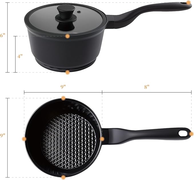 Nonstick Saucepan with Lid,2.4 Quart Ceramic Glaze Coated Small Pot, Anti-Detachment Design of The Handle “Design of The Heat Exchange Space at The Bottom of The Pan” PFOA PFOS Free