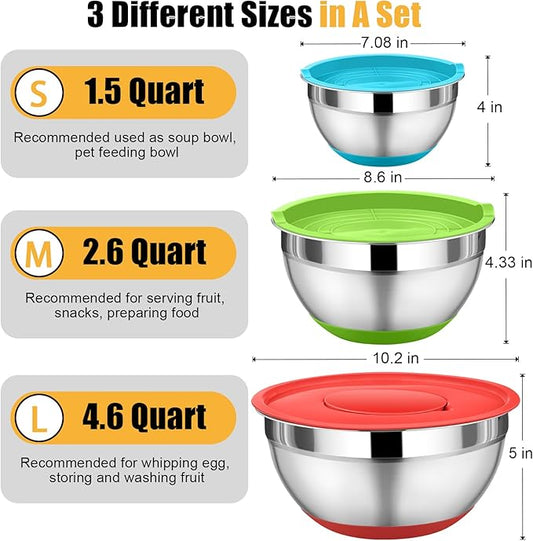 P&P CHEF Mixing Bowl with Lids Set of 3, Stainless Steel Nesting Salad Bowls for Serving Preparing, 3 Grater Attachments & Non-Slip Bottoms, Size 1.5/2.6/4.6 QT, Multicolor
