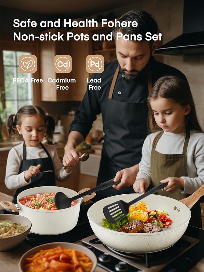 FOHERE Pots and Pans Set with Lids 15 PCS, Aluminum Nonstick Induction Cookware Sets, with Frying Pans, Saucepans, Stock Pot, Pizza Pan, Griddle Pan, and Food Steamer, Silicone Food Strainer, White