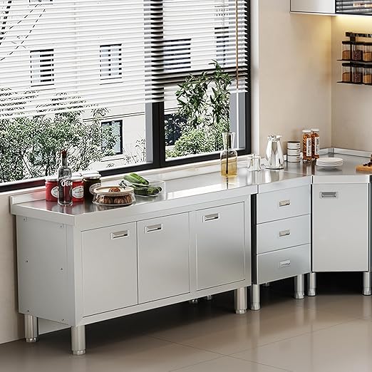 WWK 47" x 21" Stainless Steel Prep Table with Cabinet, Commercial Kitchen Table for Prep & Work, Heavy Duty Work Table with 3 Doors for Kitchen, Restaurant, Hotel, Garage and Cafe