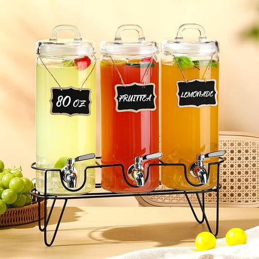 3 Pack 80 oz Tall Glass Drink Dispenser with Stand, Lid, Label and Stainless Steel Leakproof Spigot Beverage Water Dispenser Clear Mason Jar for Party Fridge(Round)