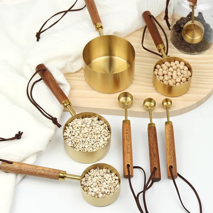 Gold Measuring Cup and Spoon Set - Stainless Steel Measuring Cups with Wooden Handles, 4 Measuring Cups and 4 Measuring Spoons, Suitable for Kitchen Baking and Cooking (8 Pcs)
