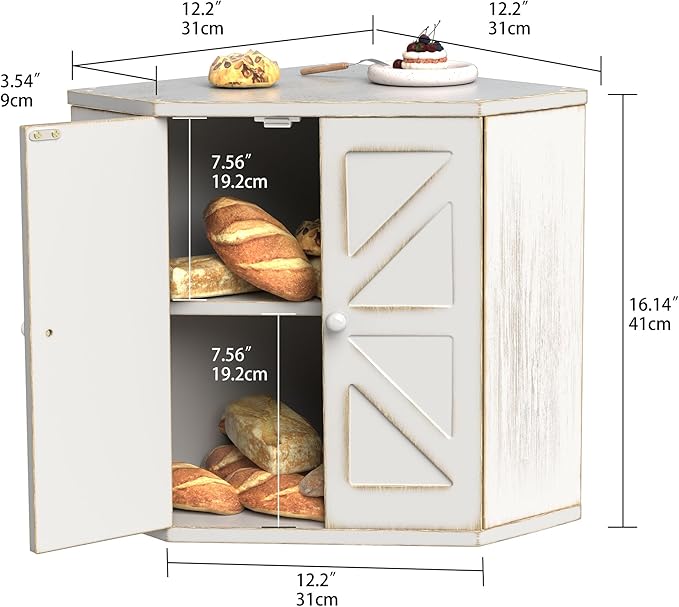 Corner Bread Box for Kitchen Countertop, Storage Container for Homemade Bread, Double Layer BreadBox, Large Capacity Bread Storage Bin, Vintage Farmhouse Breadbox Organizer,Antique White