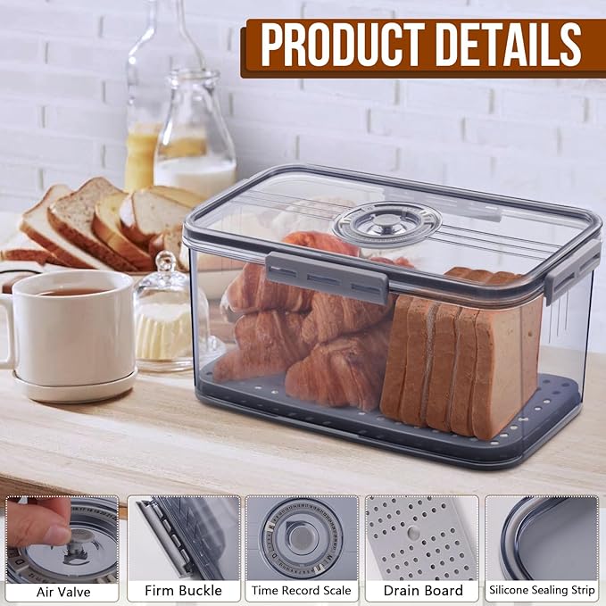 Bread Box Bread Boxes for Kitchen Counter Airtight, Time Recording Bread Storage Container with Lid, Bread Keeper for Homemade Bread, Toast, Bagel, Donut and Cookies, LARGE Grey