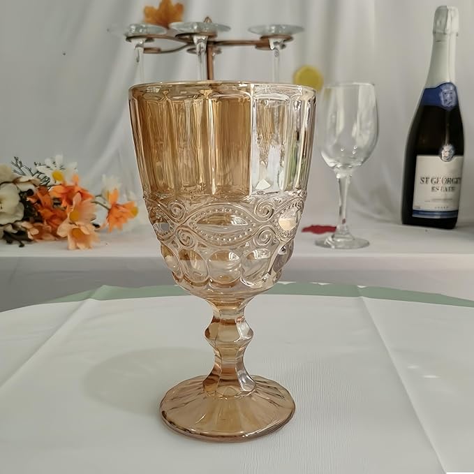 Vintage Wine Glasses Set of 6, 10 Ounces Colored Glass Water Goblets, Unique Embossed Pattern High Clear Stemmed Glassware Wedding Party Bar Glass Drinking Cups Floral Amber