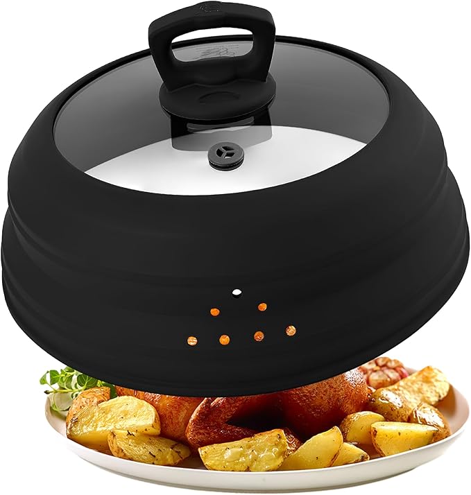 10.8 Inch Microwave Splatter Cover Glass Lid Vented Splatter Guard with Black Handle Collapsible Silicone Tempered Glass Dishwasher Safe, Reusable Splatter Guard for Bowls & Plates Oven (Black)