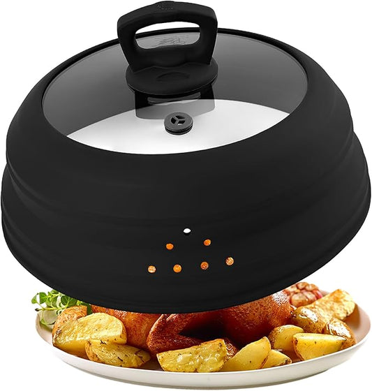 10.8 Inch Microwave Splatter Cover Glass Lid Vented Splatter Guard with Black Handle Collapsible Silicone Tempered Glass Dishwasher Safe, Reusable Splatter Guard for Bowls & Plates Oven (Black)