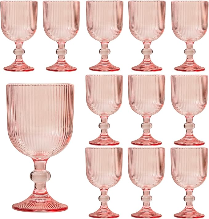 12 Pcs Pink Vintage Wine Glasses, 11 Ounces Colored Glass Water Goblets, Unique Embossed Pattern High Clear Stemmed Glassware Wedding Party Bar Glass Drinking Cups Fancy Glasses Set Hand Wash Only
