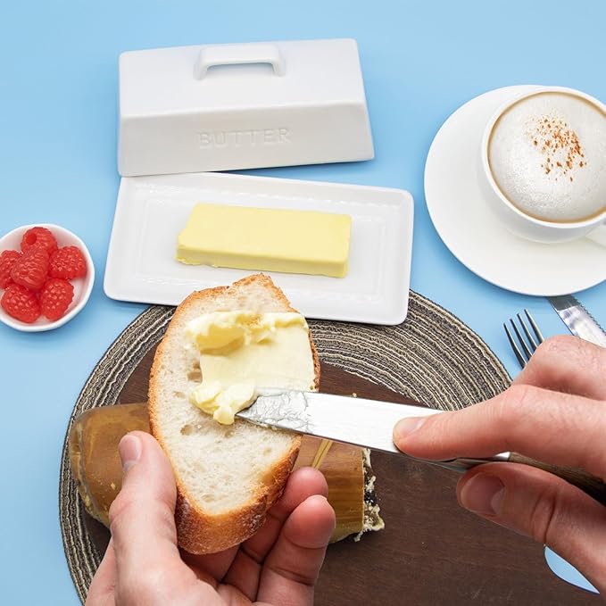 Ceramic Butter Dish With Lid for Countertop, Covered Butter Container, Large Butter Holder With Lid, Butter Tray With Handle White