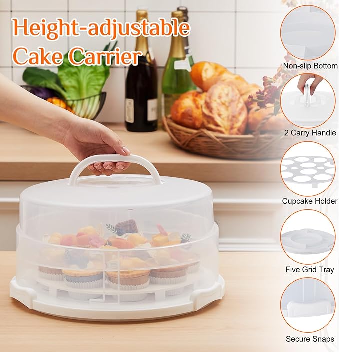 12 Inch Large Cake Carrier with Lid and Handle for 12" Round 7" High Cake Adjustable Plastic Pies Carrier Portable Cupcakes Transport Container for Cookies Pizza and More(White)