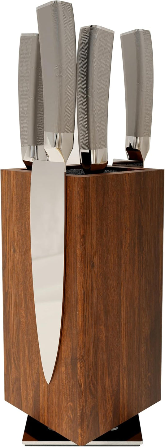 360° Rotating Magnetic Knife Block without Knives - Universal Holder for Counter Top with Removable Bristles, Acacia Wood