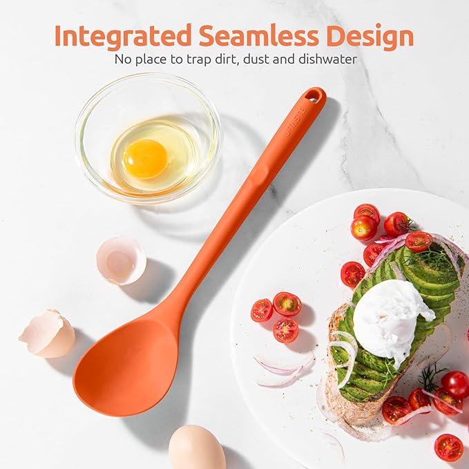600ºF Heat Resistant Silicone Spoons: U-Taste 13.3in Solid & Slotted Kitchen Cooking Spoon, Nonstick Long Rubber Utensil, Sturdy for Mixing, Serving, Stirring, Frying, Draining (Orange, 2PCS)