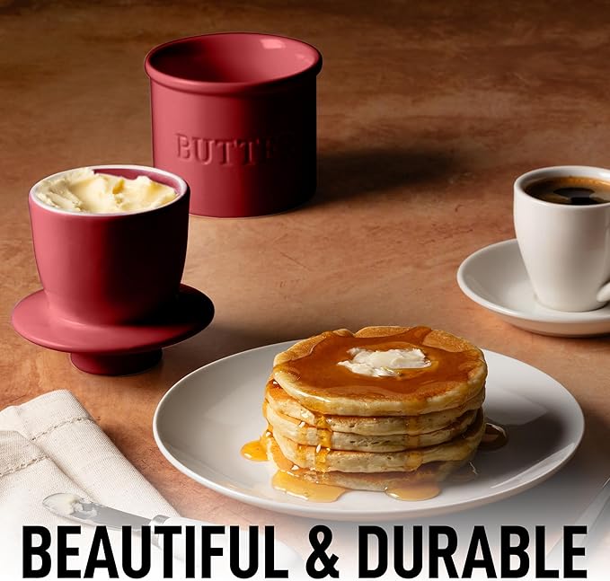 Zulay Kitchen Porcelain Butter Crock With Lid & Knife - Authentic French Butter Dish For Fresh & Spreadable Butter - Garnet