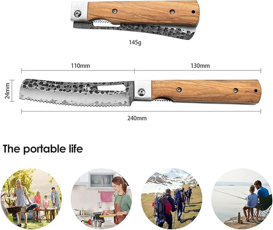 SENBON Forged 440A Stainless Steel pocket folding Bread knife Natural Olive Handle Camping trip Outdoor Portable Serrated knife