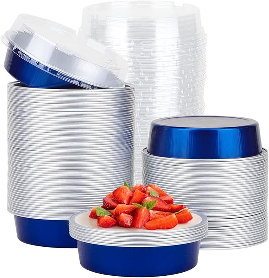 Beasea Mini Tart Pan 100 Pack with Lids, 4 Inch 8oz Blue Disposable Aluminum Baking Foil Tins Small Round Tart Container for Individual Dessert Cupcake Muffin Cheesecake Ramekins Quiche Oven Dishes
