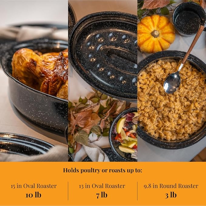 Granite Ware Roasting Set Covered 13 in and 15 in Oval roaster and 3 lb round roaster. Enameled Steel design to accomodate up to 7 lb and 10 lb poultry/roast. Resists up to 932°F.