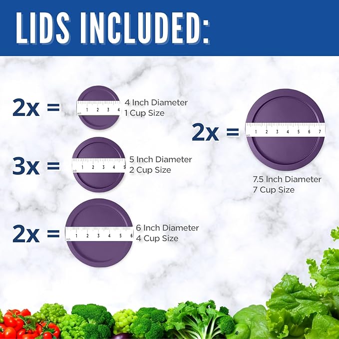 Replacement Lids for Pyrex Glass Foood Storage Containers Containers Round (2) 1-Cup (3) 2-Cup (2) 4-Cup (2) 7-Cup (Purple)