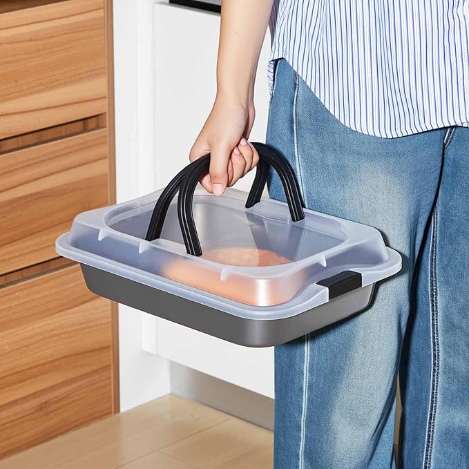 2 Pcs Cake Baking Pan with Lid and Handle, 9 x 13 Inch Non-stick Rectangle Sheet Cake Pan Carrier for Brownie Roasting Cooking Baking (Black Gray)