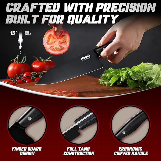 Huusk Japanese Chef Knife for Kitchen - 7in Kirisuke Knife with Black Titanium Coating, Stainless Kitchen Cooking Knifes for Vegetable & Meat Cutting, Ultra Sharp Sushi Knives, Fathers' Day Gifts