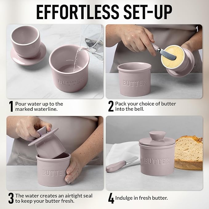 Zulay Kitchen Porcelain Butter Crock With Lid & Knife - Authentic French Butter Dish For Fresh & Spreadable Butter - Violet Dusk